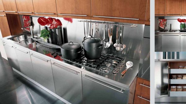 фартук металлический в интерьере кухни
