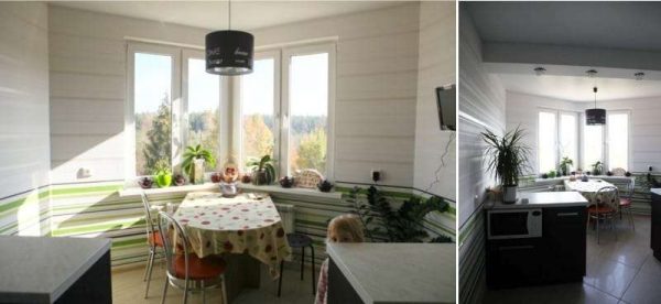 стол на кухне с угловым эркером