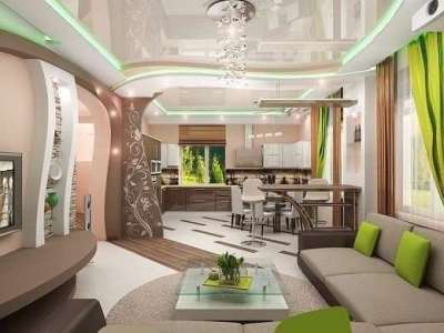 зелёный декор в интерьере кухни гостиной
