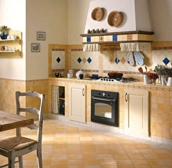 фартук и полы из плитки на кухне