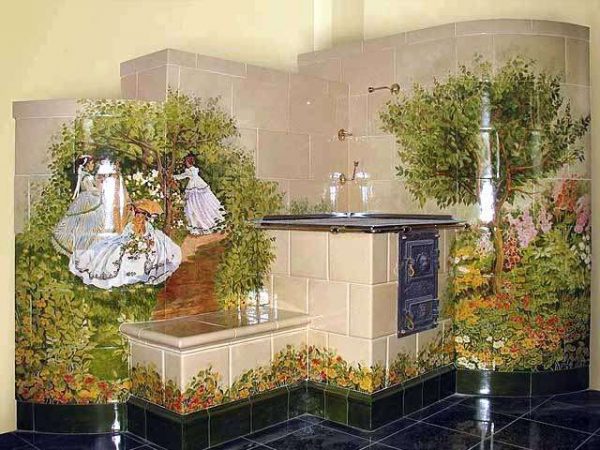 кухня в частном доме с печкой из керамической плитки