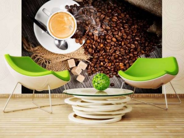 фотообои с кофе в интерьере кухни
