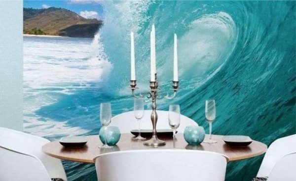 морская волна на фотообоях кухни